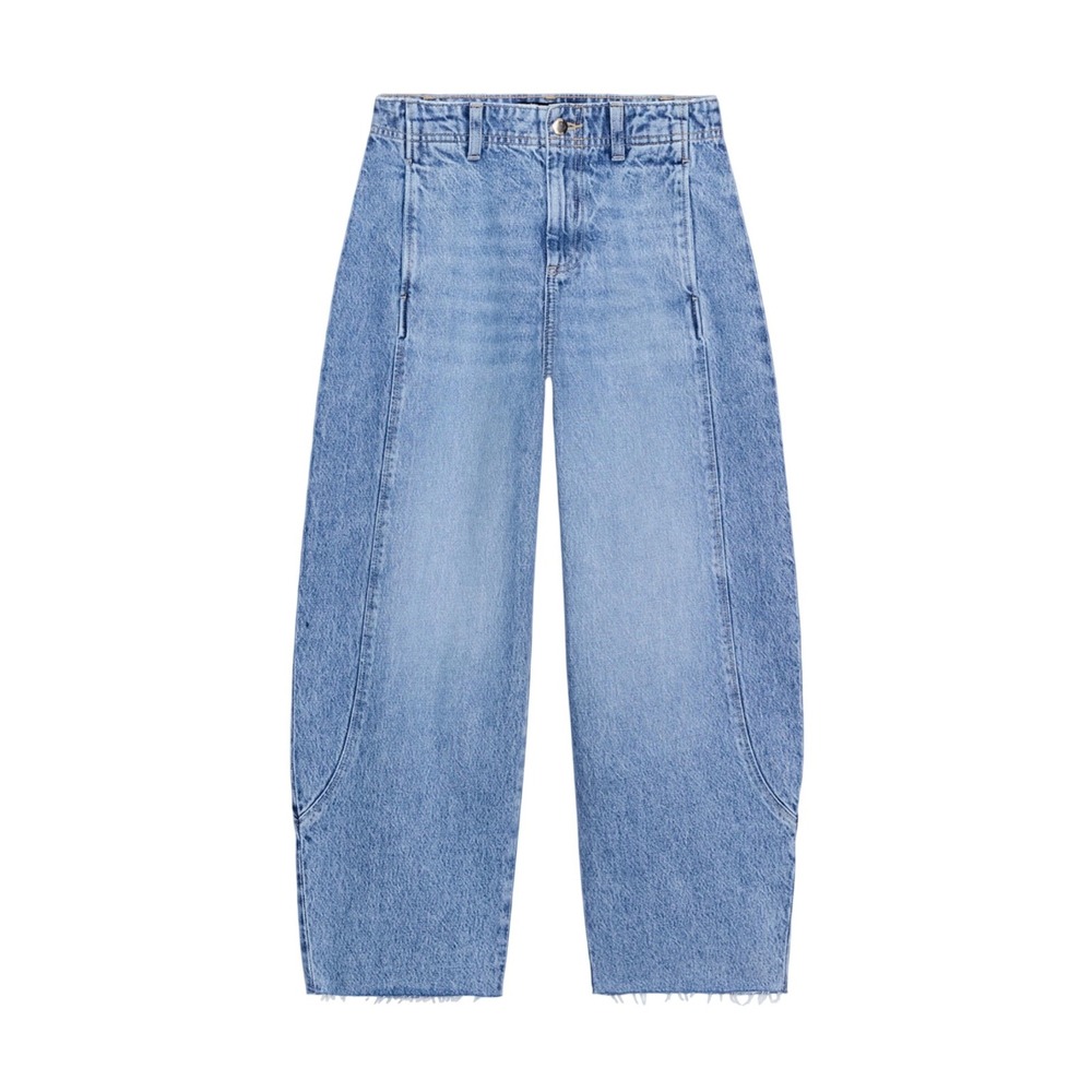 Zara Curved Seam Barrel Jeans Women's 4 Light Wash Raw Hem Cropped Wide Leg Y2K